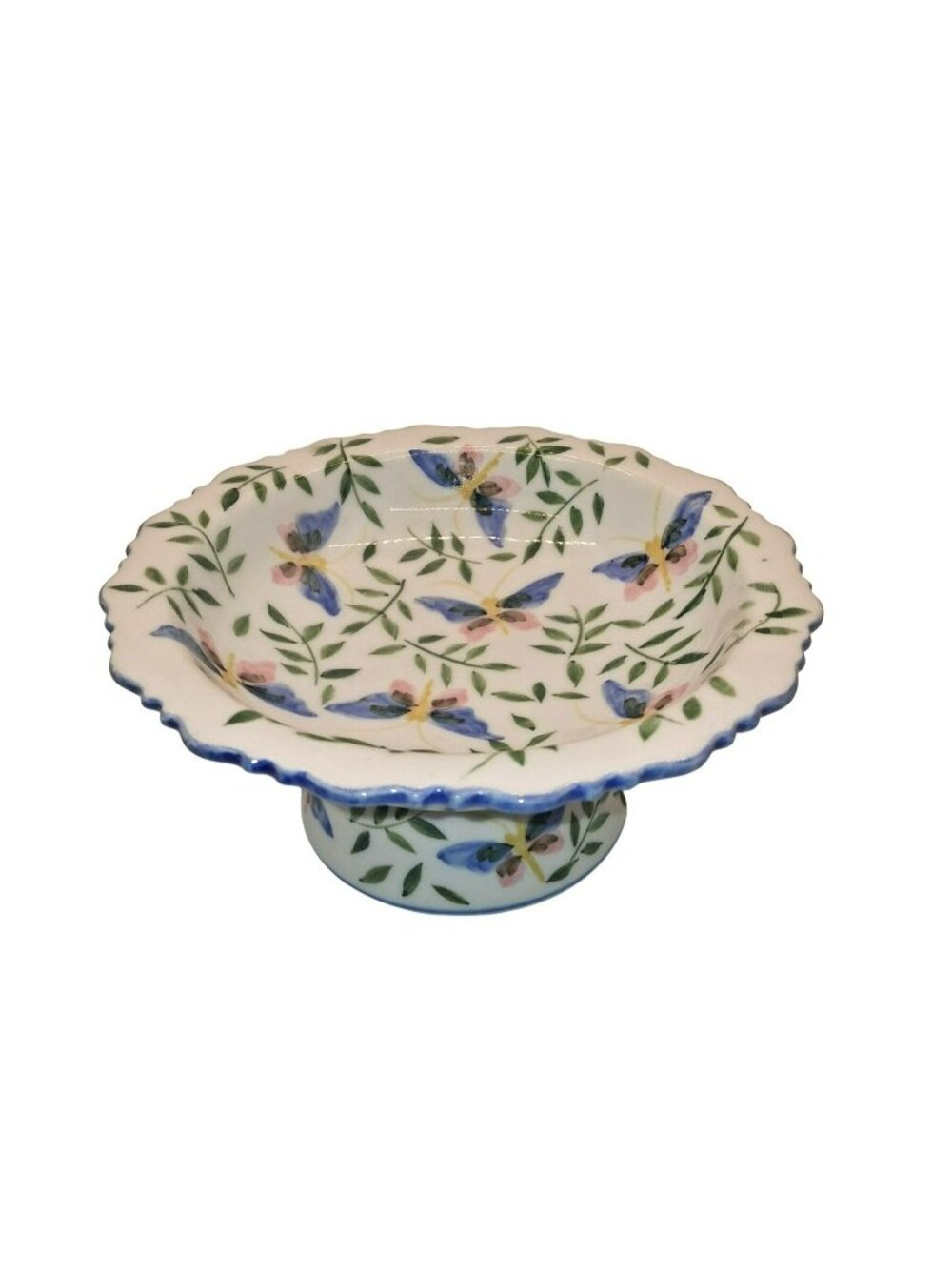 Andria By Sadek Pedestal Bowl Porcelain Butterfly Floral Pattern Scalloped Edge